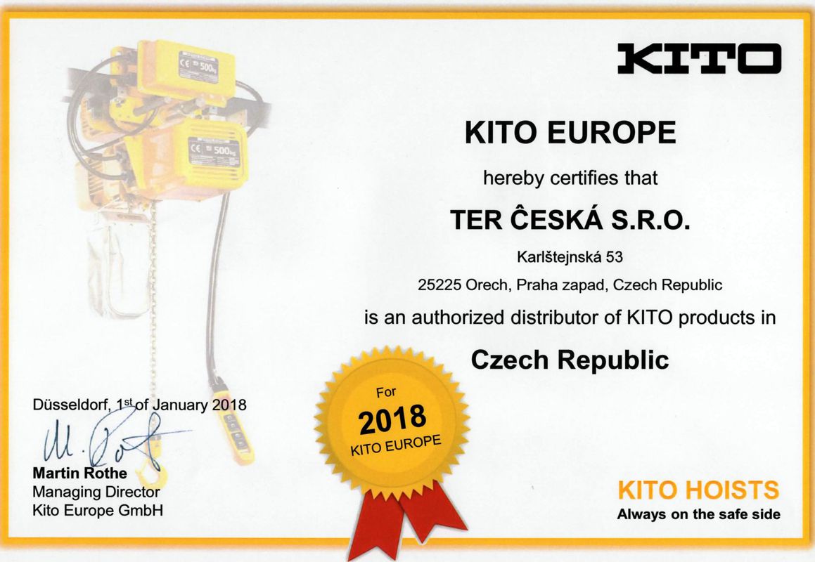 TER ČESKÁ - certifikát výhradního zástupce KITO v ČR